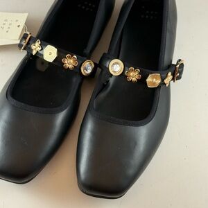 Black Vegan Leather Mary Jane Shoes with Gold Charm Accents A New Day Size 11